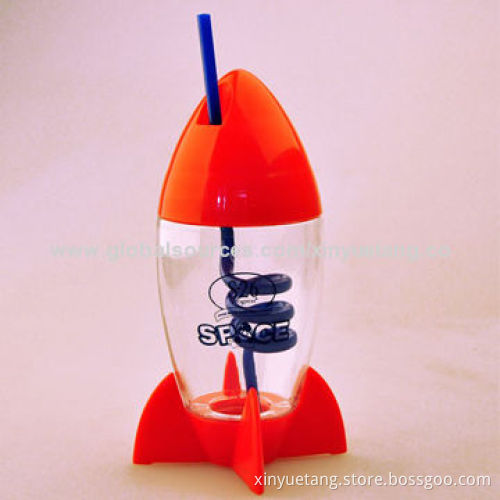 Rocket-shaped Kids' Plastic Mug with Straw for Party Drinking, 300mL VolumeNew
